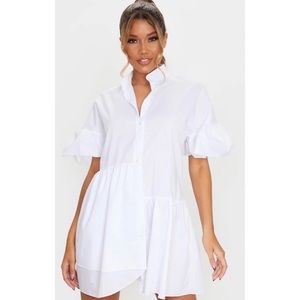PrettyLittleThing White Frill Drop Hem Button Front Shirt Smock Dress